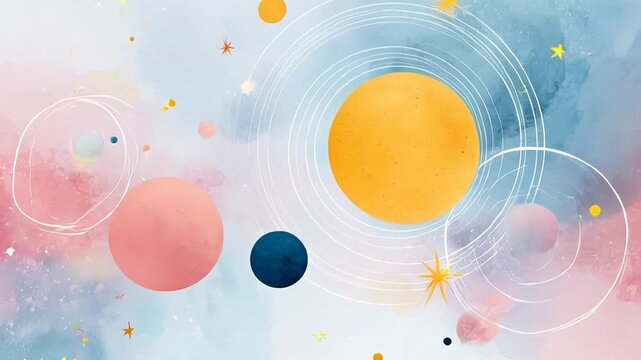 ?Colorful celestial animation: vibrant floating planets and stars in a cosmic dance