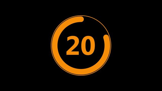 Circle countdown timer one minute animation from 25 to 0 second animation with alpha channel, 25 second countdown timer, Countdown video on black background.