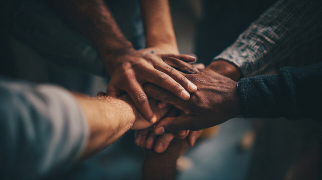A close-up of diverse hands coming together in unity, symbolizing teamwork, collaboration, and inclusivity