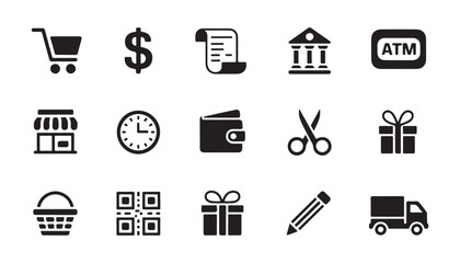 Business and shopping interface icons set featuring shopping cart currency bank and gift boxes. © Mukti