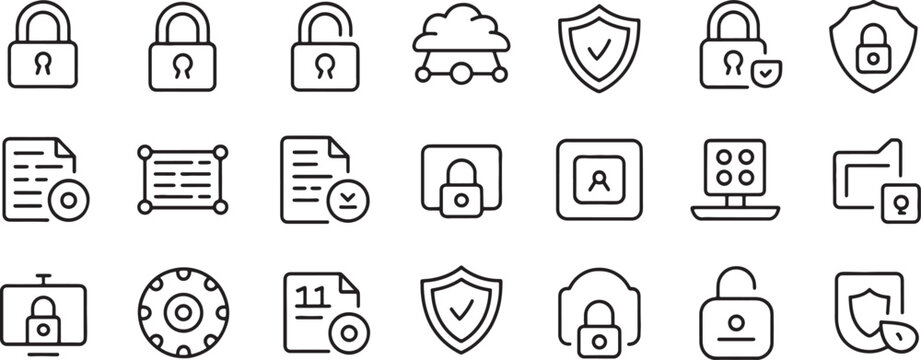 Lock and Security Icons Set with Shield, Fingerprint, Firewall, and Document Protection Line Art for Digital Safety