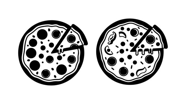 Italian pepperoni pizza slices and whole pies vector icons