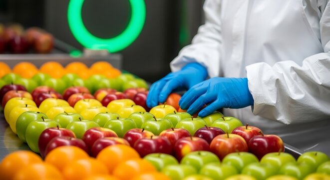Worker sorting fresh apples and oranges in a factory