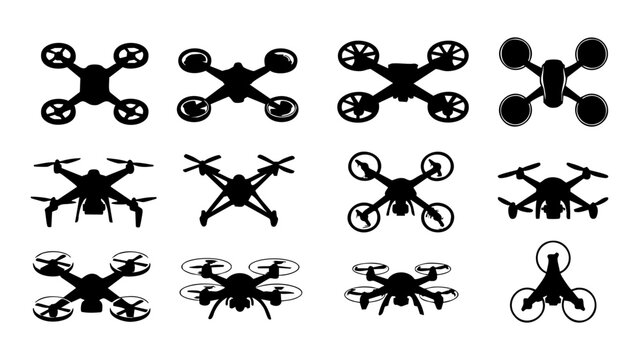 Black drone silhouette icons showing various quadcopter designs
