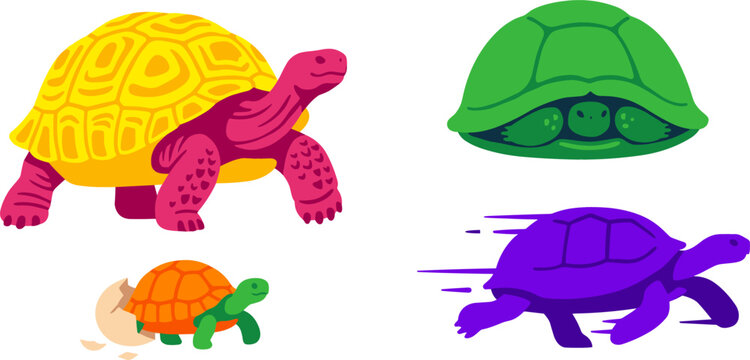 Flat Vector Cartoon Illustration Set Featuring Various Tortoises with a Large Yellow Shelled Land Turtle Hatching Baby Turtle and Running Purple Tortoise