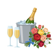 A bottle of champagne with two glasses and colorful roses © bordy