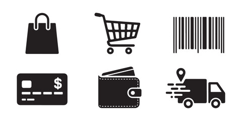 Shopping bag and grocery cart with barcode and payment methods icon collection for digital design. © Mukti