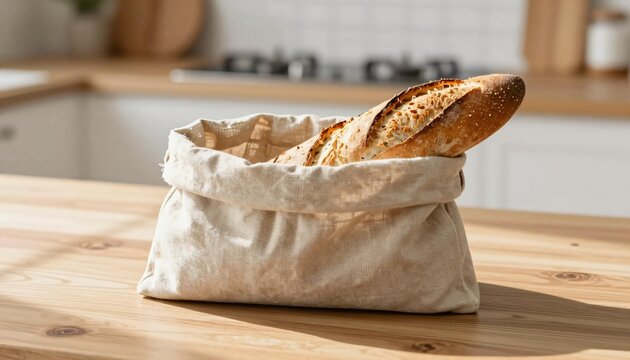 Bread in a linen bag on a wooden table.
