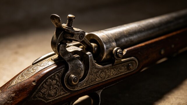 flintlock. Close-up detail of ornate flintlock pistol focusing on flint against frizzen. product launch decks, UI/UX mockups, designed for data visualization dashboards and holographic UIs.