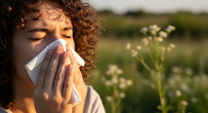 Woman sneezing into tissue in a sunny meadow allergy