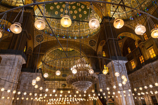 Grand chandelier and glass lamps inside Mosque of Muhammad Ali