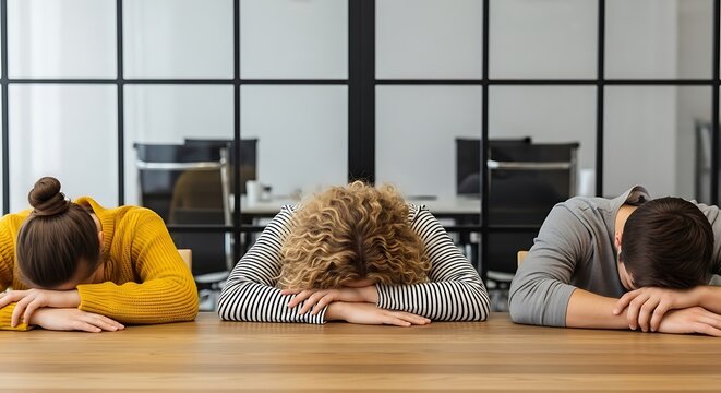 Three people resting heads on table in office heads down