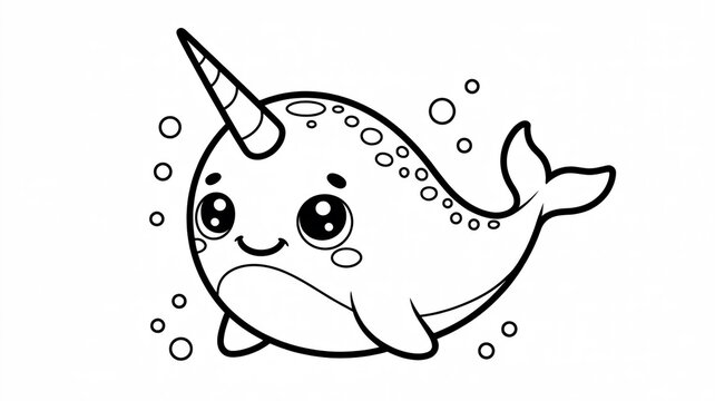 Cute kawaii line art illustration of a smiling baby narwhal with a spiral tusk, big eyes, and floating bubbles on a white background