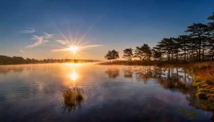 Fototapeta premium Tranquil Lake At Sunrise With Sunburst Reflecting On The Water And Trees Lining The Distant Shore Creating A Serene And Picturesque Natural Landscape