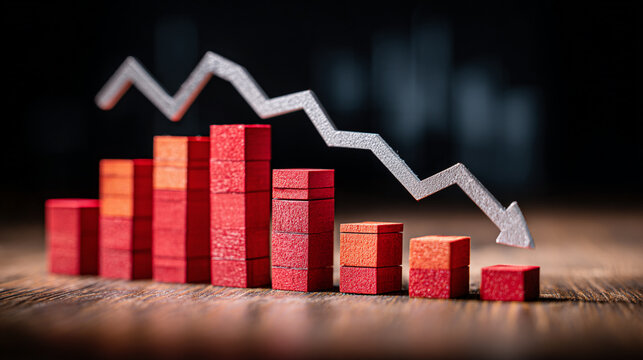This image illustrates a declining financial trend, featuring red wooden blocks arranged in a bar graph format, with an arrow pointing downward, symbolizing economic decline.