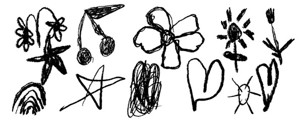 Black charcoal doodle element set vector illustration with hand drawn crayon texture flower cherry heart rainbow star sketch icons © Ink Magic