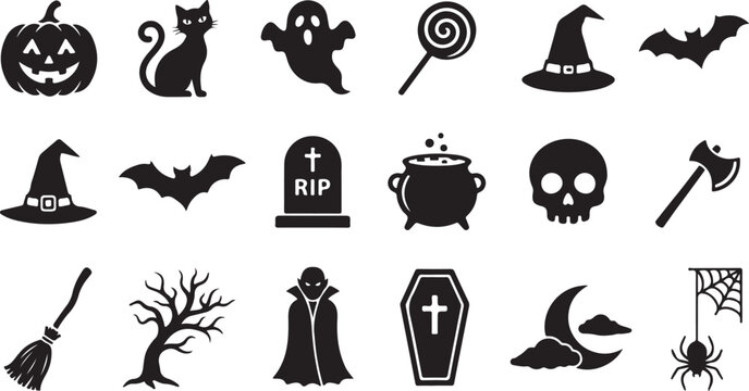 Set of black halloween icons featuring pumpkin ghost cat skull and traditional holiday symbols isolated on transparent background, Vector