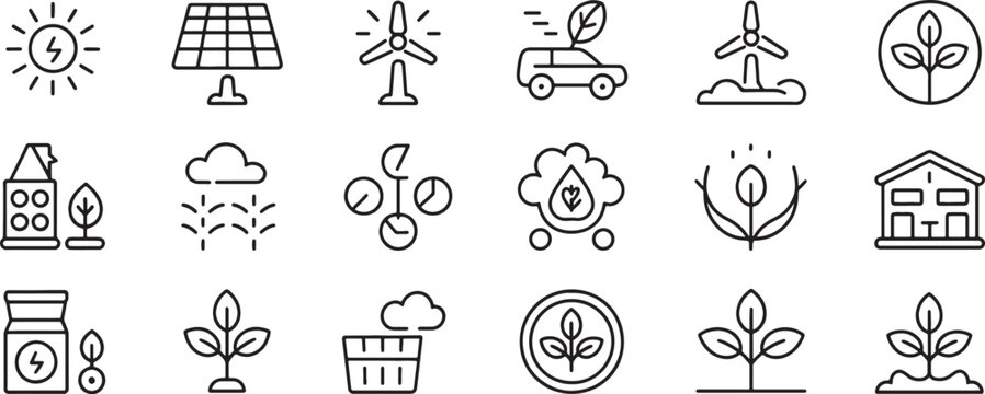 Plant Growth Eco Icons Set with Sun, Leaf, Sprouts, Seedlings, and Recycling Style Circular Badges Featuring Sprout, Regeneration, Sustainability
