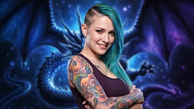 A vibrant portrait of a tattooed woman with blue hair and a fantasy backdrop.