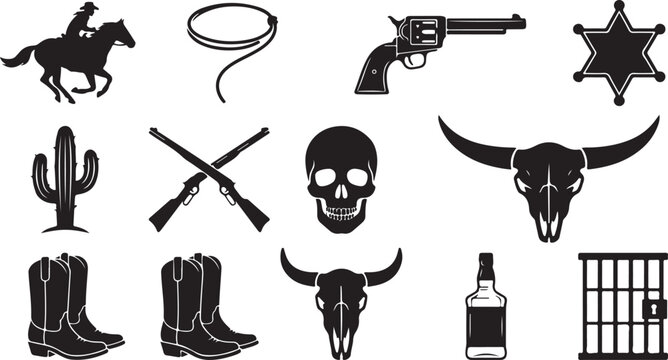 Set of black cowboy and wild west vector icons featuring western symbols and objects isolated on transparent background, Vector