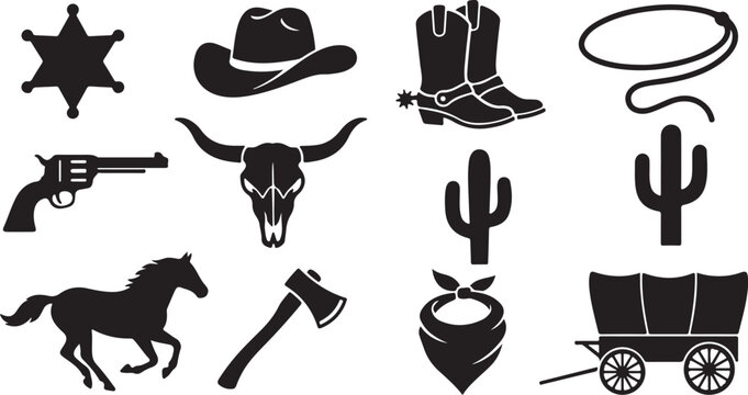 Set of black wild west icons featuring cowboy hat boots skull horse and western equipment symbols isolated on transparent background, Vector