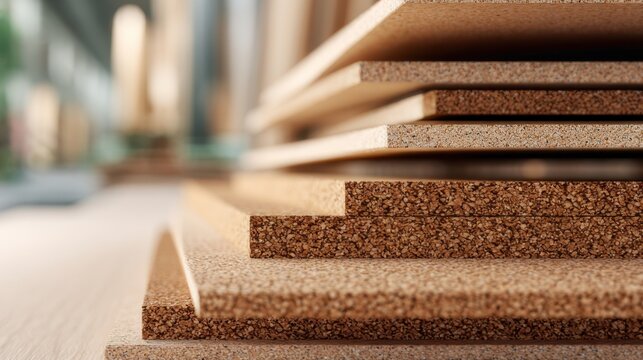 Close up cork panel edge textures with shallow depth of field in a workshop for design, card, poster, background and sustainable material concept