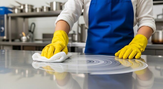 Person cleaning stainless steel surface with yellow gloves