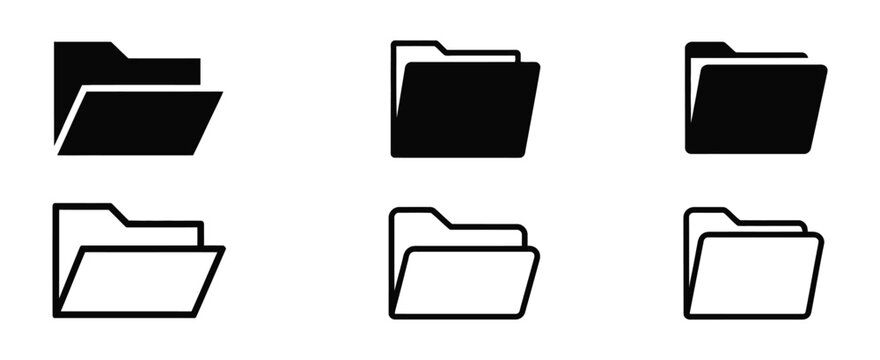 Folder icons, black linear open folder symbols for document storage, file organization and data management, vector illustration.