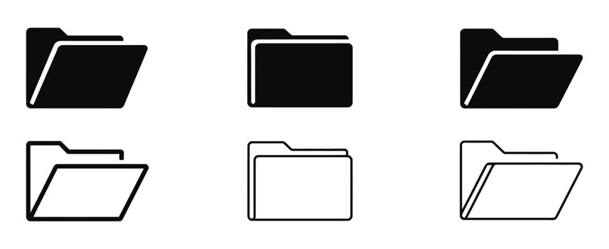 Folder icons, black linear open folder symbols for document storage, file organization and data management, vector illustration.