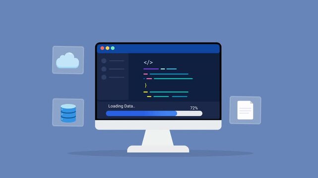 Animated flat vector illustration of a desktop monitor displaying software code with database, cloud storage, and file management icons. Modern data storage and cloud technology workflow concept.