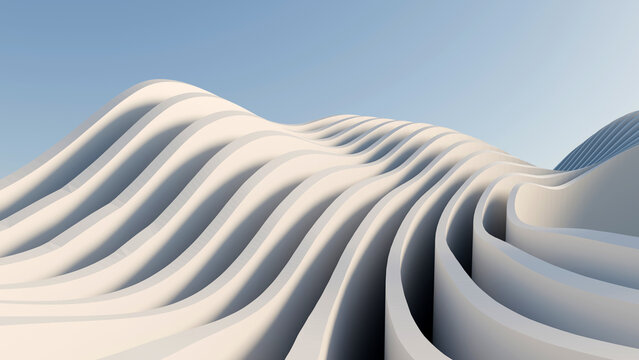 3D render of abstract white wavy lines forming a parametric landscape under a blue sky. Minimalist futuristic architectural background with flowing curves