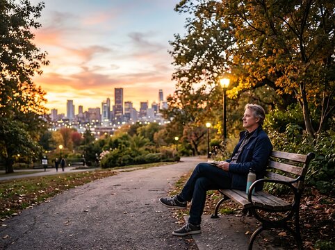 Man sitting on park bench at sunset overlooking city skyline.
