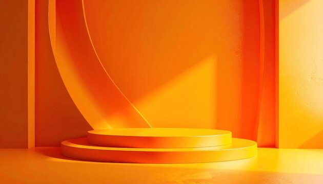 A minimalist 3D rendering of a bright orange stage with two circular platforms.