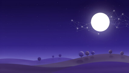 Obraz premium 3D Render Minimalist Fantasy Night Landscape with Giant Full Moon Constellation Network Lines and Round Geometric Trees on Purple Velvet Hills Background
