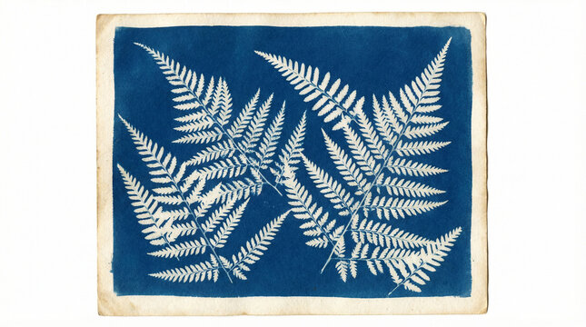 Cyanotype Print Fern Botanical Blueprint Style Art. Traditional cyanotype photogram of pressed fern leaves showing deep prussian blue and white silhouette, vintage technique