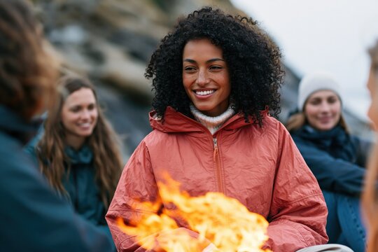 Outdoor woman smiling by campfire portrait with warm firelight for camping background and banner design