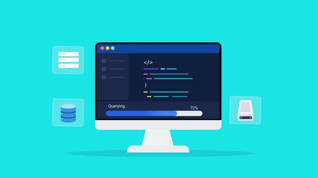 Animated flat vector illustration of a desktop monitor displaying software code with database, backup, and storage management icons. Modern data protection, backup system, and technology workflow conc