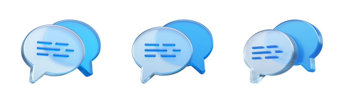 3D Glass Chat Bubble Icons Set. Message symbols for online communication, messaging apps, customer support and social media design.