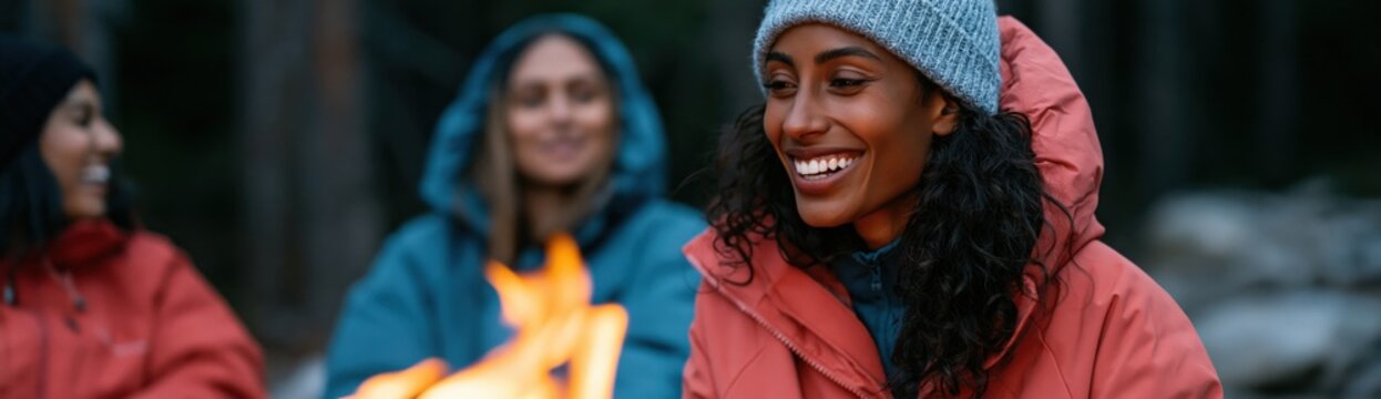 Young woman laughing with friends at a campfire in the woods for cozy social media banner and outdoor lifestyle background