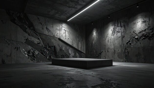 An industrial-style exhibition space with a minimalist design features a raised platform in the center, illuminated by harsh overhead lighting.