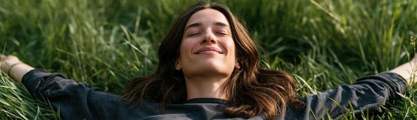 Fototapeta premium Closeup young woman relaxing in tall meadow grass with arms out for nature banner and calm lifestyle wallpaper