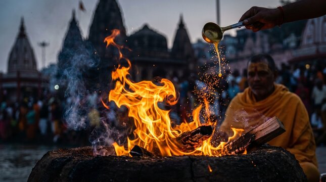 Close-up of a sacred havan fire ritual with ghee being poured into the flames by a Hindu priest at a temple ghat