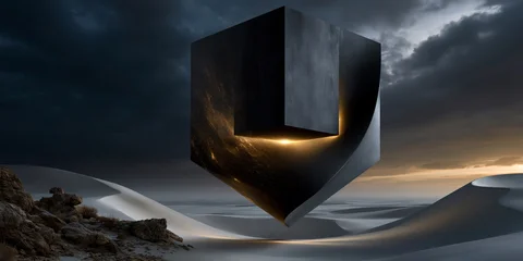 floating black cube emitting golden light over endless white landscape, impossible balance luxury future concept with golden glow, posthuman luxury vision of ai wealth and innovation landscape © CROCOTHERY