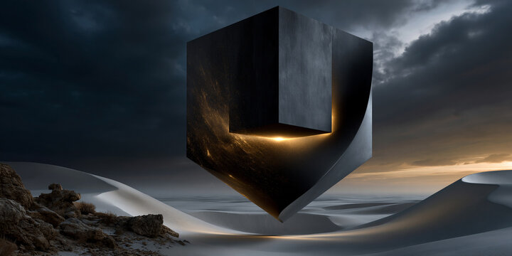 floating black cube emitting golden light over endless white landscape, impossible balance luxury future concept with golden glow, posthuman luxury vision of ai wealth and innovation landscape