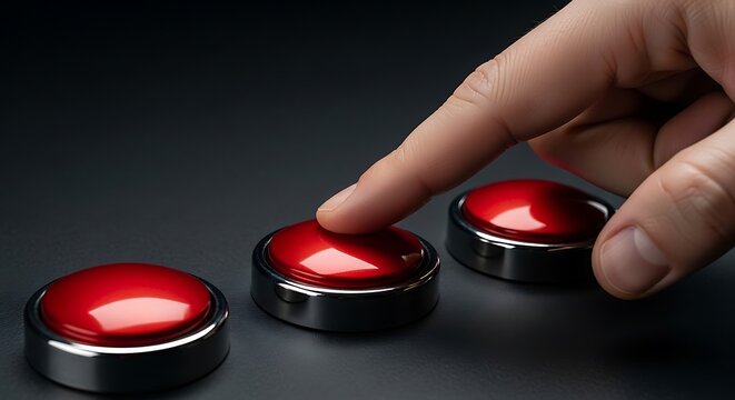 Hand pressing a red button on a black surface finger