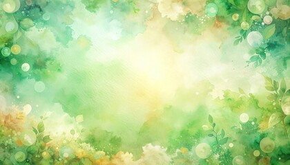 Fototapeta premium A watercolor background featuring soft green and yellow hues with organic shapes and bokeh effects.