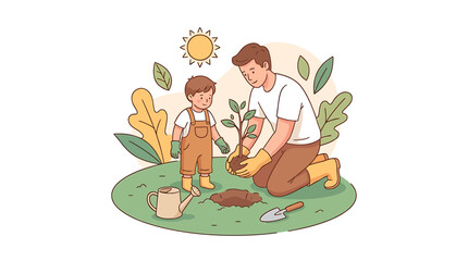 Fototapeta premium Father and son planting young tree in garden