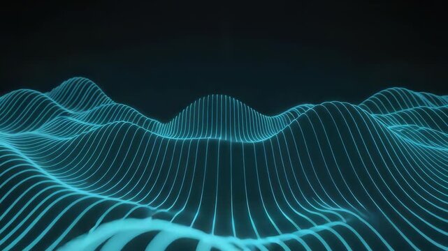 Abstract digital landscape featuring glowing cyan neon waves flowing across a dark background created with smooth lines in a high quality three dimensional render style