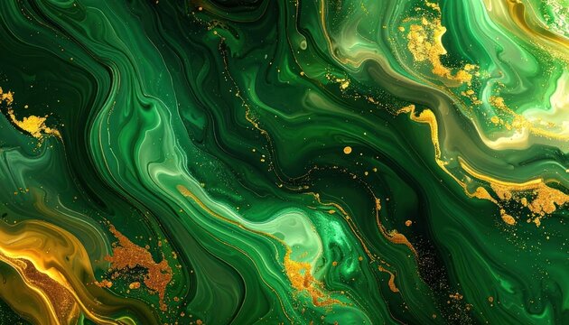 A luxurious abstract pattern featuring swirling emerald green hues intermingled with shimmering gold accents.