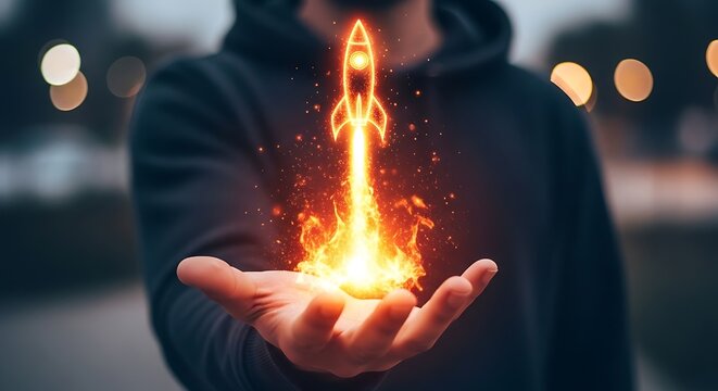 Hand holding glowing orange rocket with fire and sparks